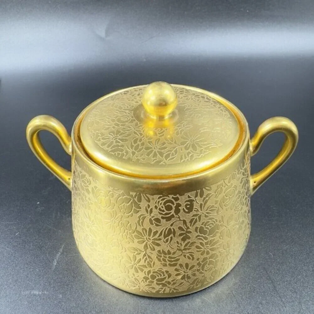 Vintage Pickard RS Germany Gold Encrusted Floral Sugar Bowl Lid W‎ Handles VTG